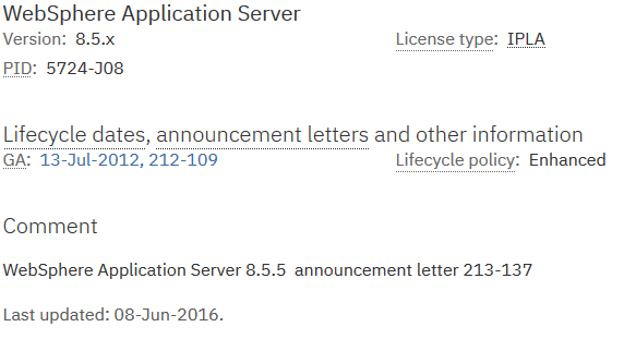 WebSphere application server support lifecycle