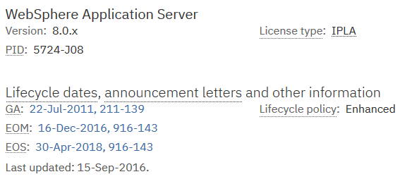 WebSphere application server support lifecycle