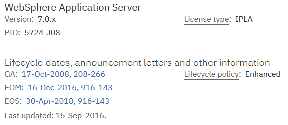 WebSphere application server support lifecycle
