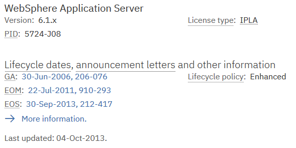 WebSphere application server support lifecycle