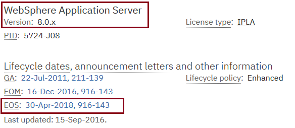 WAS v8.0 and v7.0 end of support details