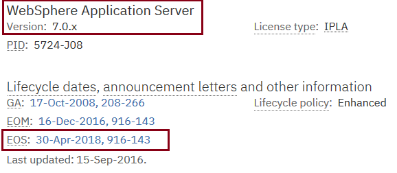 WAS v8.0 and v7.0 end of support details